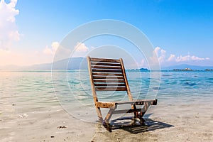 Wooden Beach Chair Empty Ocean Shore Landscape Vacation Relaxation Peace