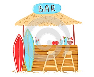 Wooden beach holiday home, lettering bar on bungalow, cocktails refreshing drinks, cartoon vector illustration, isolated