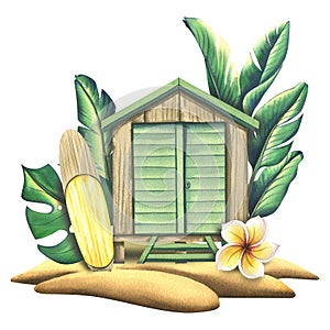 Wooden beach house, garage with surfboard on a tropical island among palm trees on the white background. Watercolor