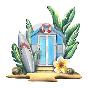 A wooden beach house, a garage on a tropical island with palm trees, a surfboard with coconuts on the white background