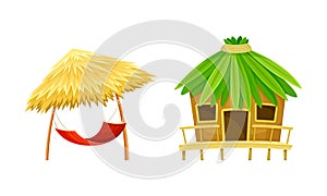 Wooden beach hut and straw umbrella hammock. Summer vacation concept cartoon vector illustration