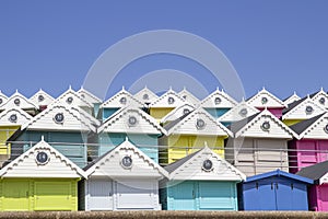 Wooden beach huts on the coastline. Walton on the Naze  Essex  United Kingdom  July