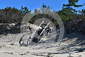 Wooden beach staircase on the coast