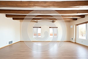 wooden beams in an unfurnished pueblo space