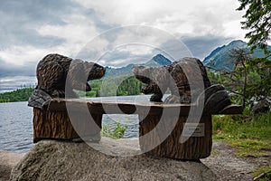 Wooden beavers on a table by the water