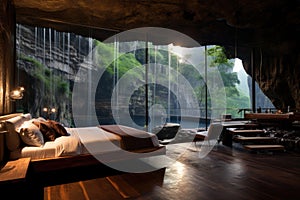 Wooden bed in the cave with a view of waterfall. Interior of a hotel room with a beautiful view of the jungle
