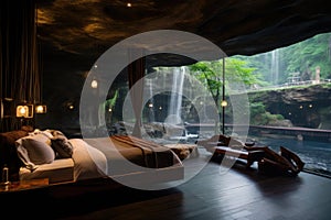 Wooden bed in the cave with a view of waterfall. Interior of a hotel room with a beautiful view of the jungle