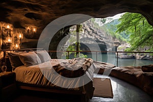 Wooden bed in the cave with a view of waterfall. Interior of a hotel room with a beautiful view of the jungle