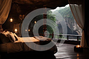 Wooden bed in the cave with a view of waterfall. Interior of a hotel room with a beautiful view of the jungle