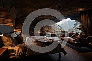 Wooden bed in the cave with a view of waterfall. Interior of a hotel room with a beautiful view of the jungle