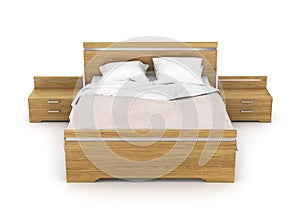 Wooden bed with linens.