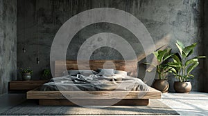 Wooden bed in loft apartment design, interior of bedroom with empty wall mockup. AI Generative