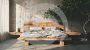 Wooden bed in loft apartment design, interior of bedroom with empty wall mockup. AI Generative