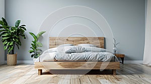 Wooden bed in loft apartment design, interior of bedroom with empty wall mockup. AI Generative