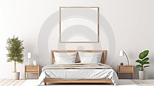 Wooden bed near white wall with empty mockup poster frame. Interior design of modern bedroom