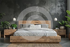 Wooden bed and nightstands against gray wall