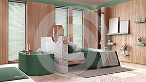 Wooden bedroom and bathroom in green and beige tones with herringbone parquet floor. Double bed, windows and freestanding bathtub