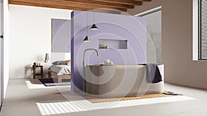 Wooden bedroom and bathroom in white and purple tones with resin floor. Double bed, windows and freestanding bathtub. Minimalist