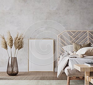 Wooden bedroom design with frame mockup in loft apartment interior,
