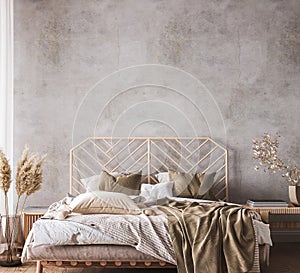 Wooden bedroom design mockup in loft apartment interior