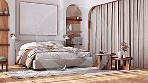 Wooden bedroom in japandi style with arched door and parquet floor. Double master bed, carpet, shelves and table in white and