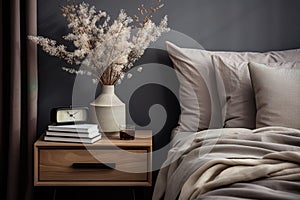 wooden bedside table with a vase of white flowers, books and an alarm clock, against a gray wall