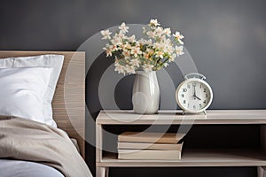 wooden bedside table with a vase of white flowers, books and an alarm clock, against a gray wall