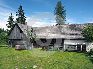 Wooden bee hives near folk house in Pribylina