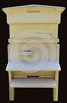 Wooden beehive for bees on honeycombs.