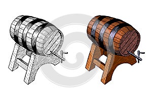 Wooden beer barrelt, hand ink drawing, vector