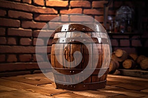 a wooden beer keg on a brick background