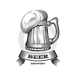 Wooden beer mug logo - vector illustration, emblem brewery design on dark background.