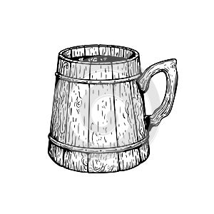 Wooden beer mug. Vintage mug with a handle. Hand drawn sketch style. Best for brewery, pub menu designs.