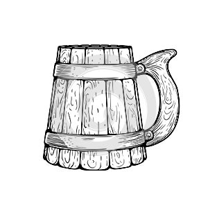 Wooden beer mug. Vintage mug with a handle. Hand drawn sketch style. Best for brewery, pub menu designs.