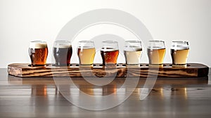 a wooden beer tasting platter with beer glasses in brewery, highlighting the craftsmanship of the platter and the