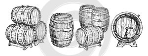 Wooden beer wine cask or barrels set