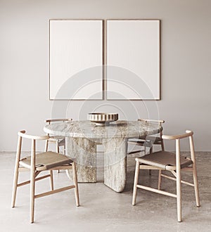 Wooden beige diningroom interior with marble dining table and chairs background. Natural light brown stone floor. Mock