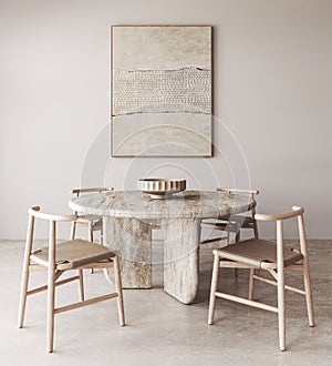 Wooden beige diningroom interior with marble dining table and chairs background. Natural light brown stone floor. Mock