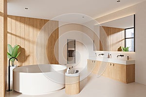 Wooden beige hotel bathroom interior with tub, double sink and towel rail