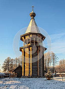 The wooden belfry on the territory of The Bogoslovka manor.