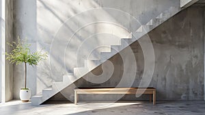 Wooden bench against grey wall and staircase.