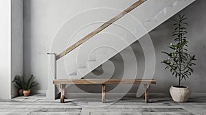 Wooden bench against grey wall and staircase.