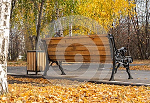 Wooden bench in the autumn Park. Rear view