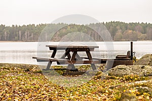 Wooden bench and barbeque by a lake..
