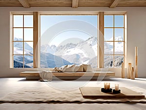 Wooden bench with beige pillows and blanket near panoramic grid window with stunning winter snow mountains view. Japanese style