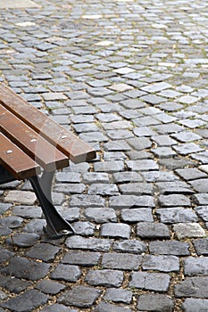 Wooden Bench on Cobblestone, Background, Frankfurt