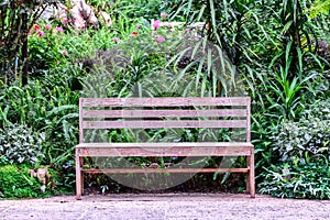 Wooden bench among the flower garden