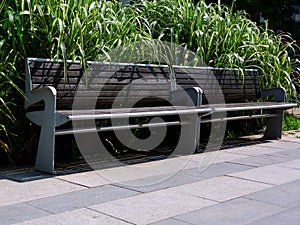 Wooden bench on gray metal frame in public park. lush green bush behind it.