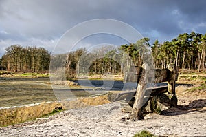 Wooden bench by a lake