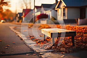 A wooden bench on a leaf-strewn sidewalk at sunset, houses lining the quiet street.